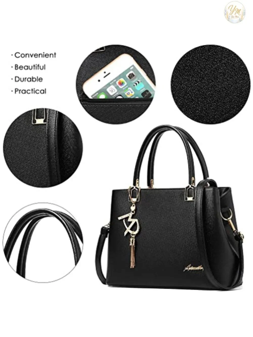 Faux Leather Satchel Tote Purse - 3-in-1 Shoulder & Crossbody Bag